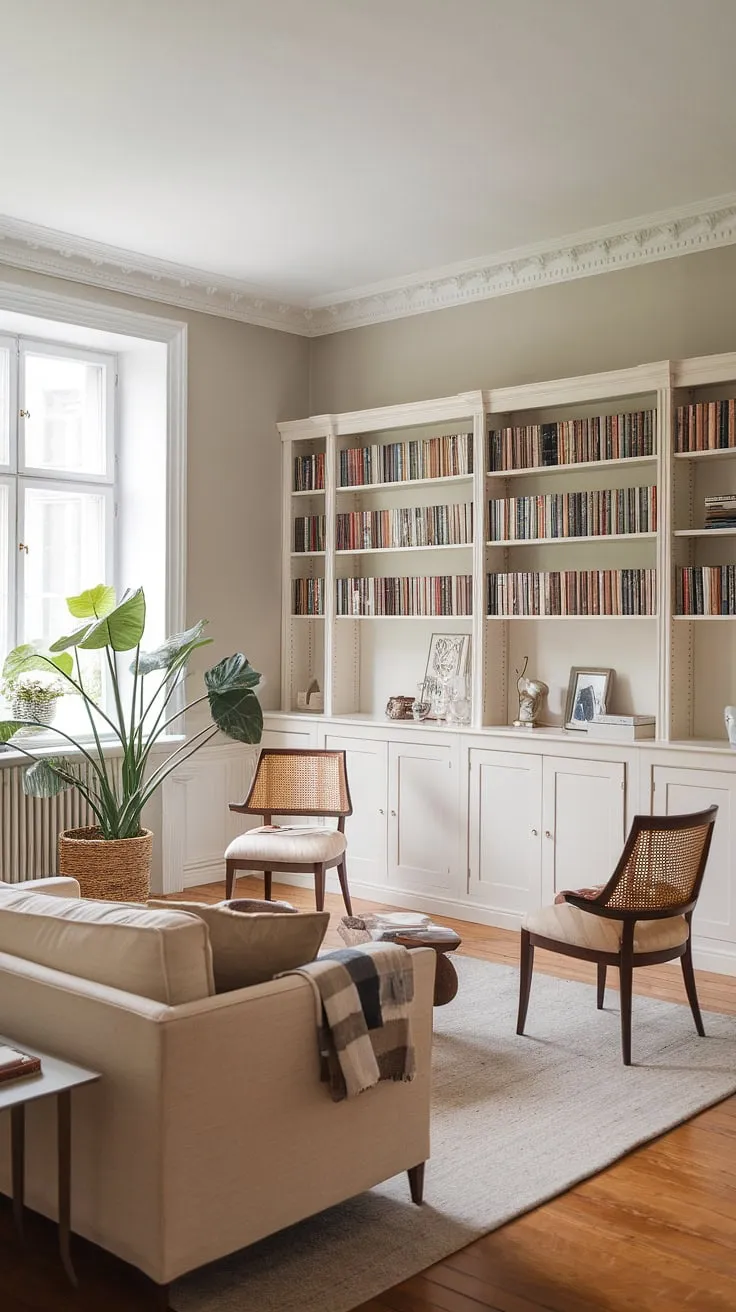 Cozy Scandinavian sanctuary. The soft grey walls, warm hardwood floors, and a dedicated reading corner create the perfect atmosphere for relaxation and escape. A touch of greenery adds life to this tranquil space. A sense of calm pervades every detail.