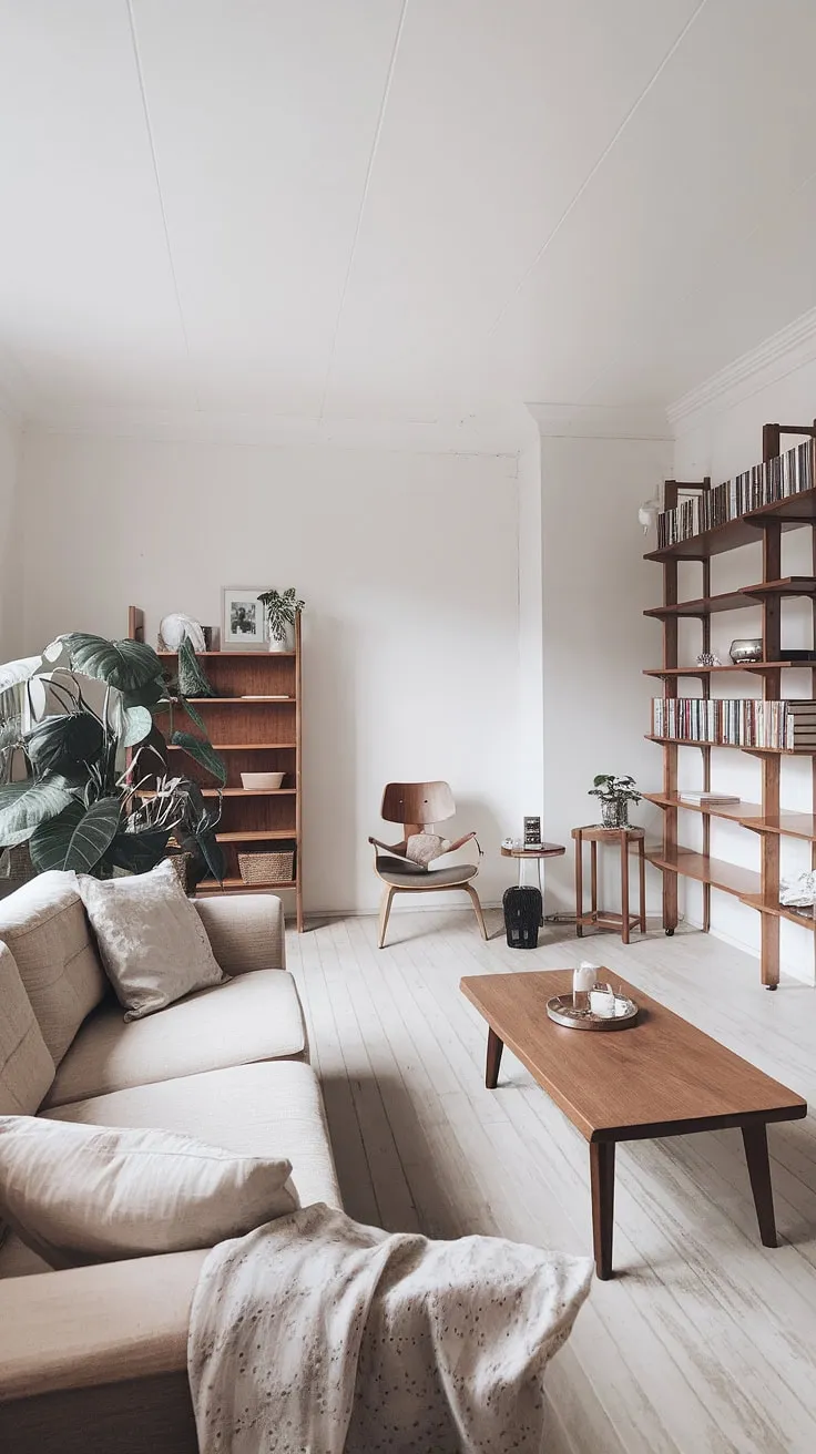Sunlight streams through the large windows, illuminating the calming beige sofa and the lush potted plant in this Scandinavian living room. The light wood floors and simple wooden furniture create a sense of airy serenity, perfect for relaxation and quiet contemplation. A cozy reading nook tucked away offers a peaceful escape. This space embodies the essence of understated elegance and functional design.