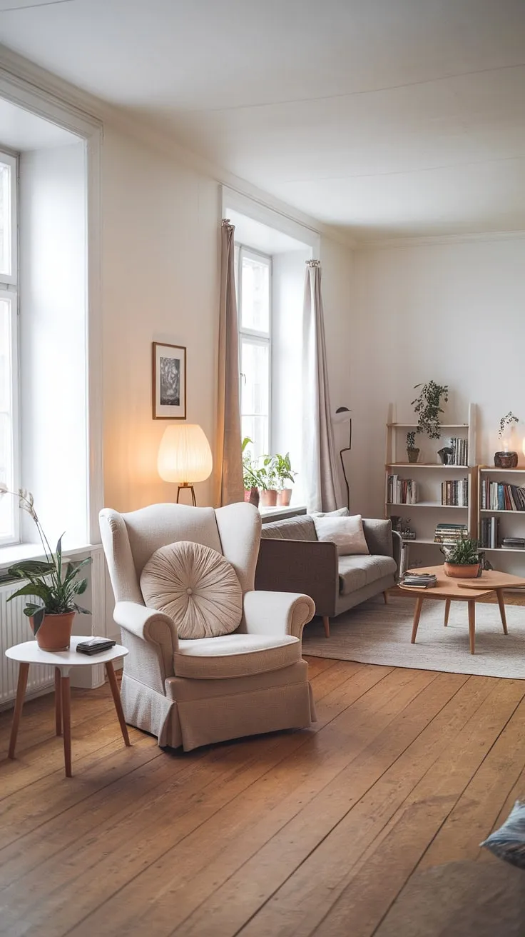 Escape the everyday in this serene Scandinavian living room. The plush armchair, bathed in the soft glow of the lamp, beckons you to curl up with a good book and lose yourself in a world of a adventure. The simple elegance of the space, with its natural light and carefully chosen details, creates the perfect atmosphere for relaxation and quiet contemplation.
