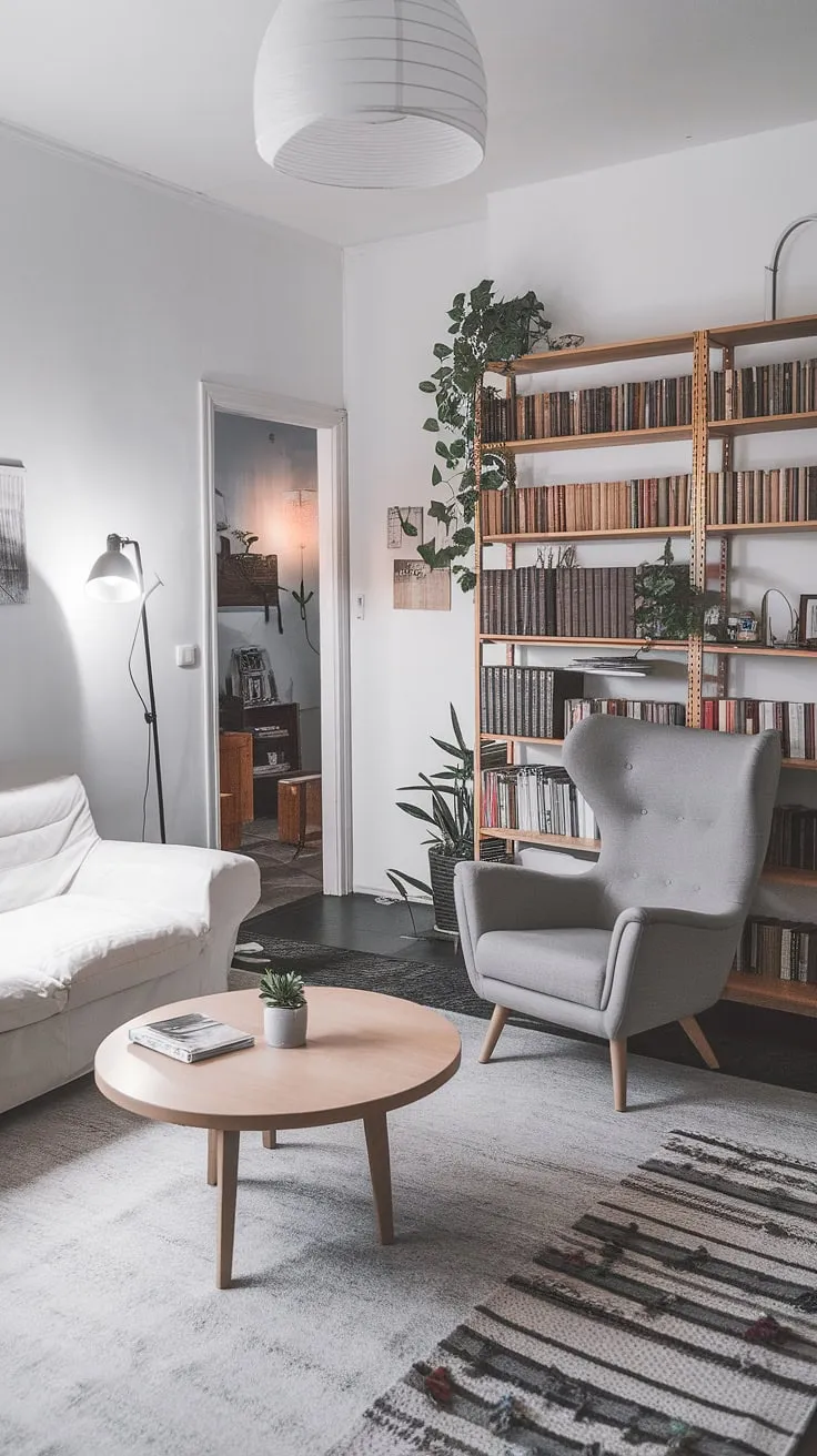 Escape to this tranquil Scandinavian sanctuary. The soft light, comfortable seating, and thoughtfully curated details-from the wooden bookshelf to the plush rug-invite you to relax and lose yourself in a good book. A true embodiment of understated sophistication and peaceful living.