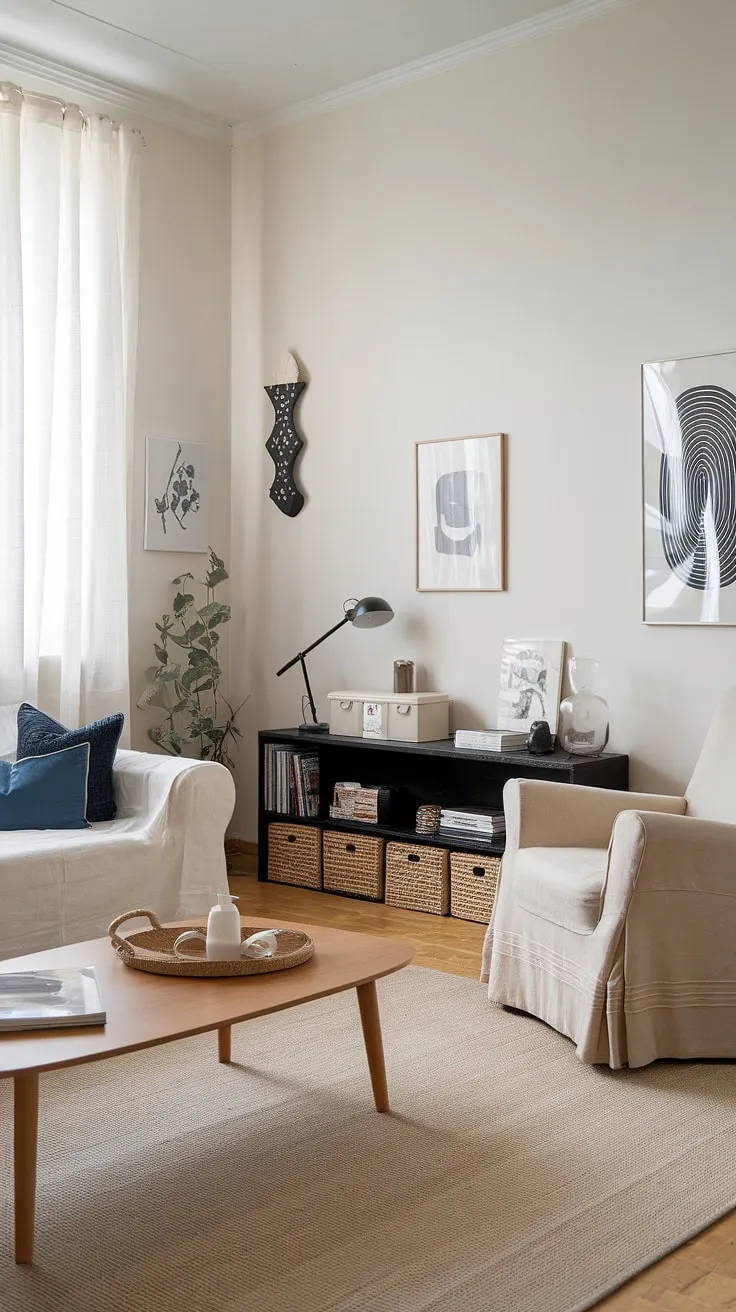 Bathed in natural light, this Nordic-inspired living room is a testament to minimalist design. The clean lines, comfortable seating, and functional yet stylish elements, including the wooden coffee table and black bookshelf, create a space that is both beautiful and inviting. A Perfect for quiet evenings and cozy gatherings.