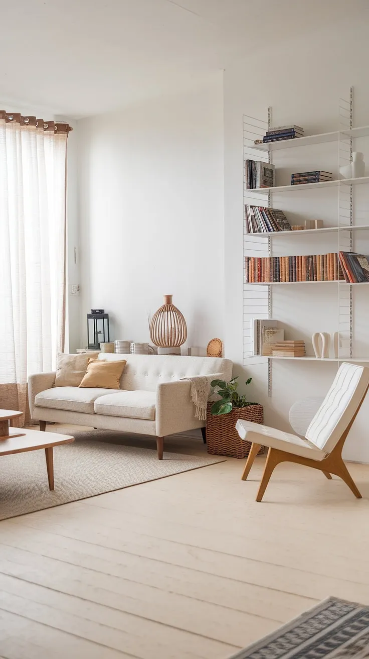 Escape to this tranquil Scandinavian haven. The soft beige sofa and white chair offer comfortable seating, while the reading nook, filled with books and a natural light, promises hours of peaceful escape. A perfect blend of comfort and understated style.