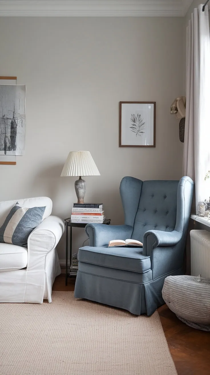 Cozy corners and captivating reads: This Scandinavian living room, with its soft grey walls and plush blue armchair, is the perfect sanctuary for escaping into a good book. The gentle light from the lamp illuminates the stacked novels, inviting you to curl up and lose yourself in another world. A sense of calm and tranquility permeates the space, making it an ideal spot for relaxation and rejuvenation.