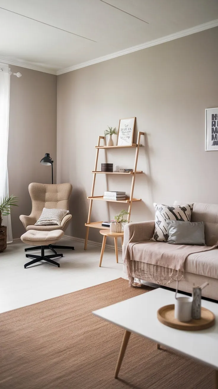 Cozy Scandinavian sanctuary. The soft grey walls and natural wood accents create a calming atmosphere perfect for curling up with a good book in the dedicated reading corner, complete with a comfortable chair and a convenient ladder shelf for easy access to your favorite a novels.
