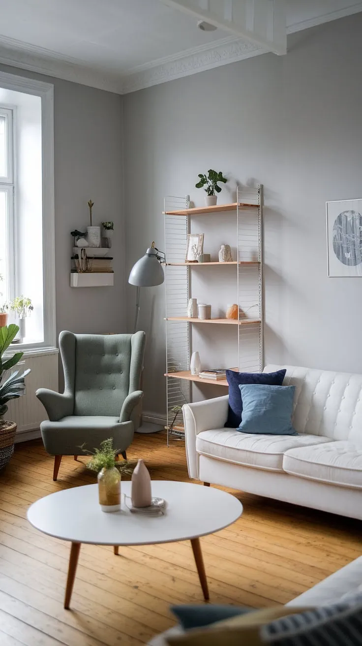 Escape the everyday in this tranquil Scandinavian living room. The interplay of light and shadow, the natural wood tones, and the thoughtfully chosen accents create a space that's both stylish and utterly relaxing. A haven of peace and quiet awaits.