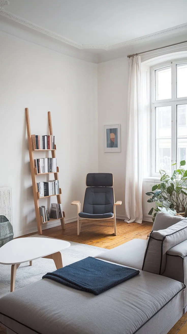 Cozy Scandinavian living room, perfect for curling up with a good book in the reading nook. The natural light streaming through the window illuminates the space, highlighting the warm wood tones and comfortable textures. A sense of calm and serenity pervades the room, creating the ideal atmosphere for relaxation and quiet contemplation. A truly inviting space.