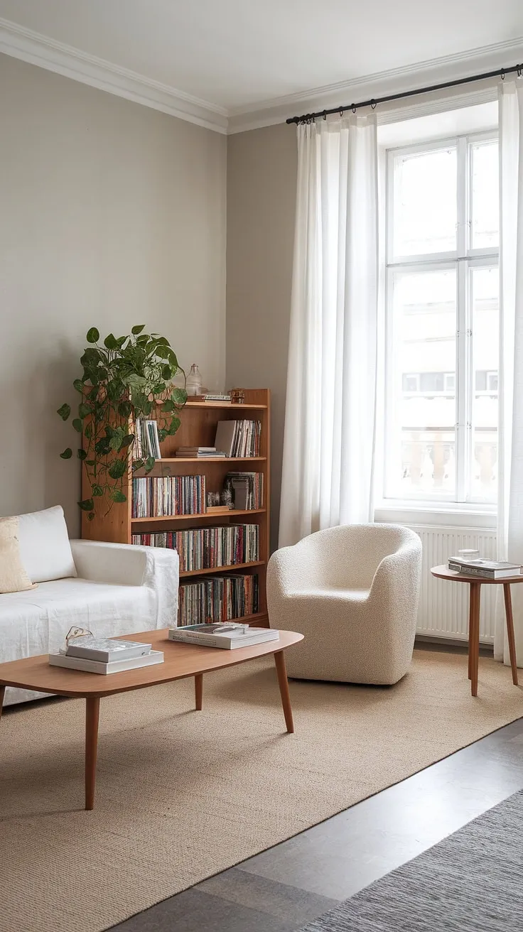 Sunlight streams through the sheer curtains, illuminating the cozy reading corner in this Scandinavian living room. The soft beige armchair, nestled beside a small side table, invites quiet contemplation, while the white sofa and wooden coffee table create a sense of calm and understated elegance. A touch of green from the potted plant adds a vibrant accent to the minimalist aesthetic.