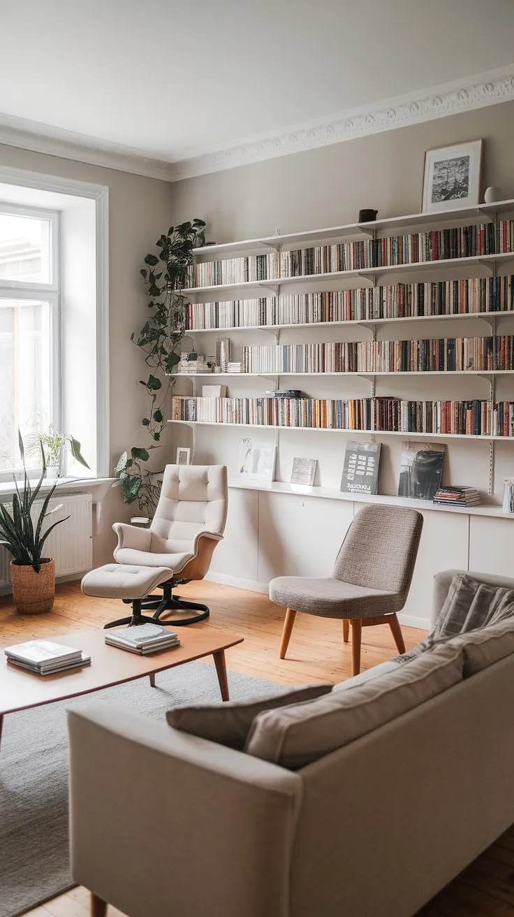 Escape to tranquility in this Scandinavian haven. A plush armchair and footrest nestled by the window offer the ideal spot for quiet contemplation. The neutral color palette, natural wood accents, and abundant bookshelves create a calming and inspiring space, perfect for unwinding after a long day. The gentle light filtering through the window completes this peaceful scene.