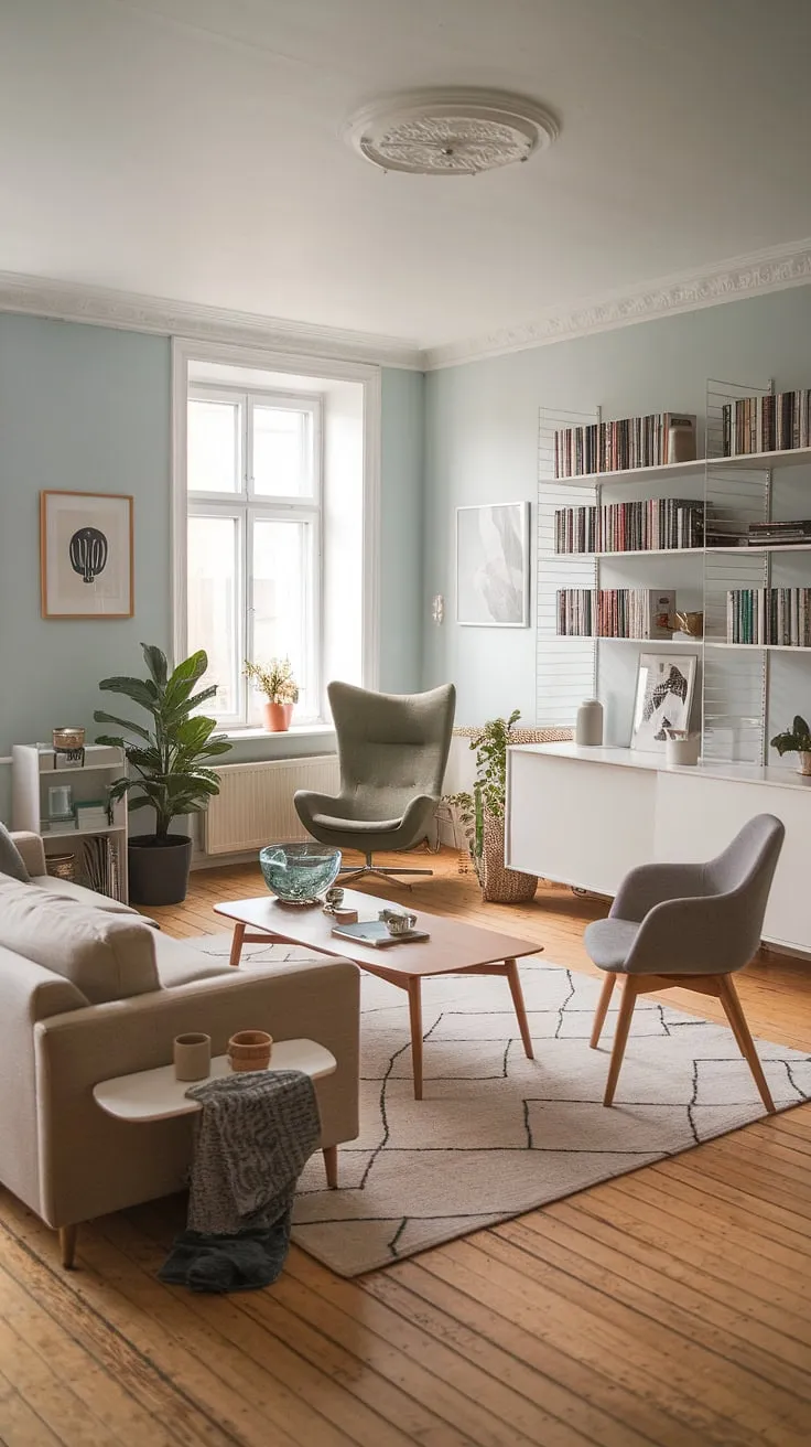 This Nordic-inspired living room is a masterclass in minimalist design. The light blue walls and wooden floors provide a serene backdrop for the beige sofa, grey armchair, and white bookshelf. A touch of vibrant green in the reading corner adds a playful contrast, showcasing the perfect balance between functionality and aesthetic appeal.