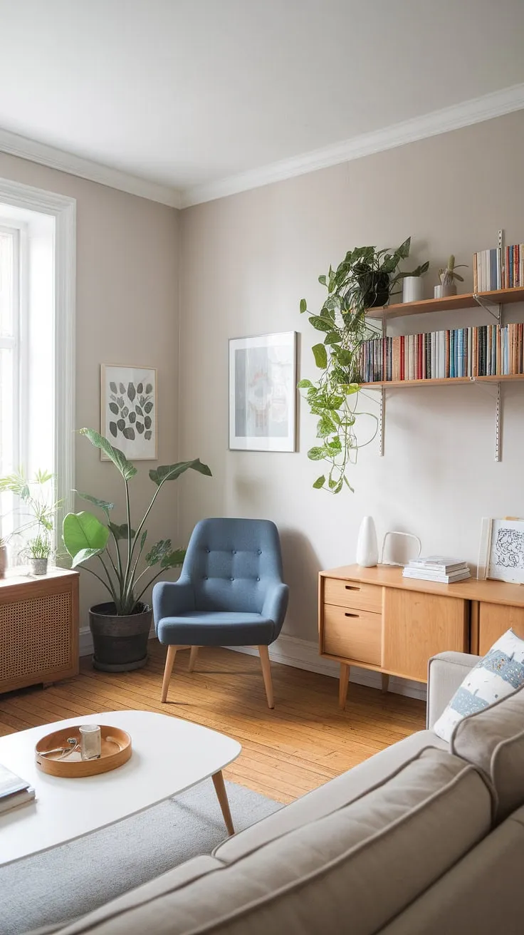 Escape to this serene Scandinavian sanctuary. The light grey walls and beige sofa provide a peaceful backdrop for the charming reading nook, complete with a comfortable blue chair and a curated collection of books. A perfect blend of minimalist design and cozy comfort.