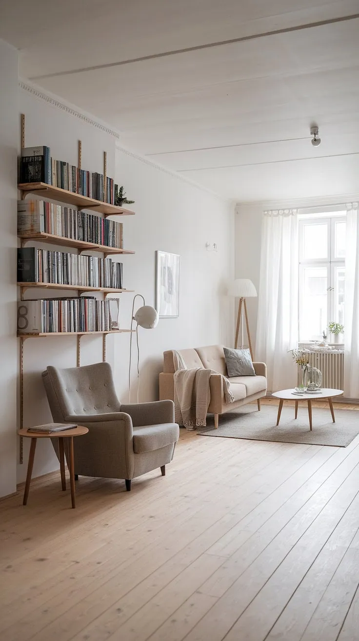 Sunlight streams through the white curtains, illuminating the calm serenity of this Scandinavian-style living room. A cozy armchair beckons in the reading corner, nestled beside a wooden bookshelf overflowing with stories waiting to be discovered. The minimalist aesthetic, punctuated by natural light and warm wood tones, creates a space of pure comfort and understated elegance.