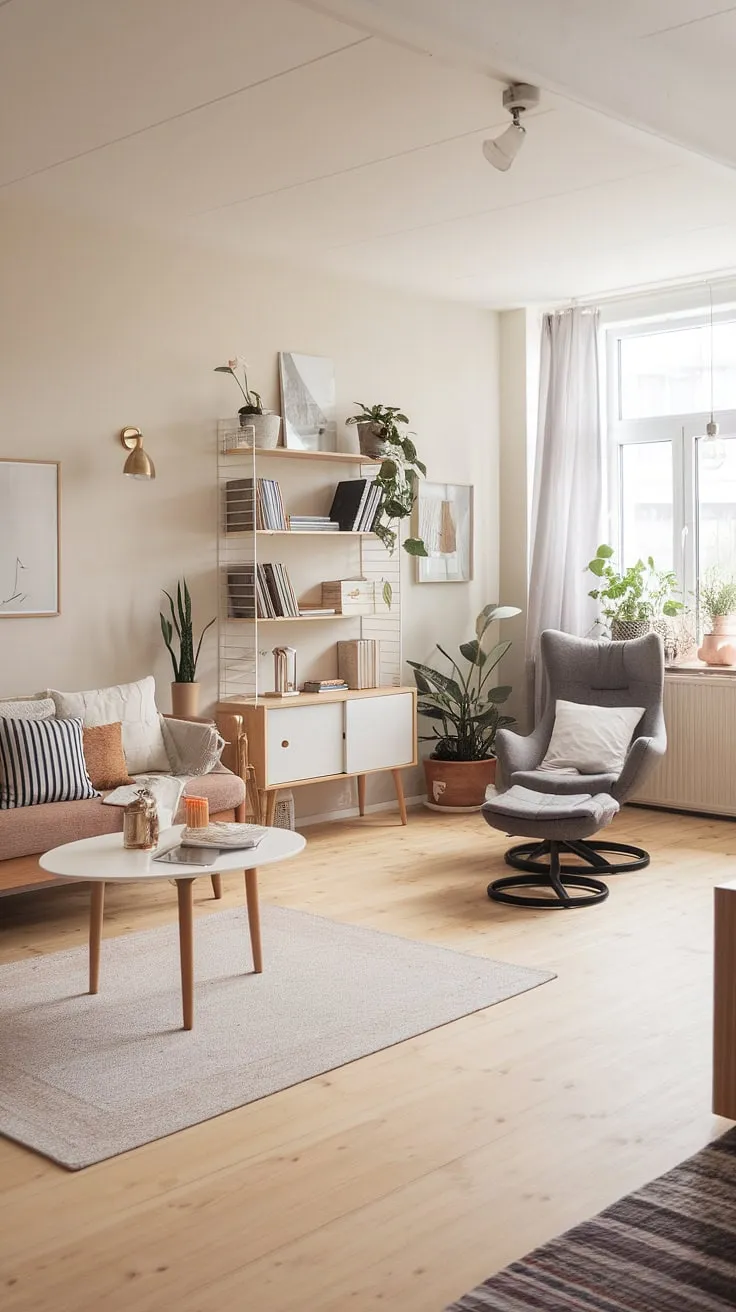 Find your sanctuary in this serene Scandinavian living room. The soft light, the comfortable seating, and the thoughtfully curated collection of books and plants combine to create a space that feels both inviting and inspiring. A perfect blend of minimalist design and cozy comfort, it's the ideal setting for quiet contemplation and peaceful relaxation.
