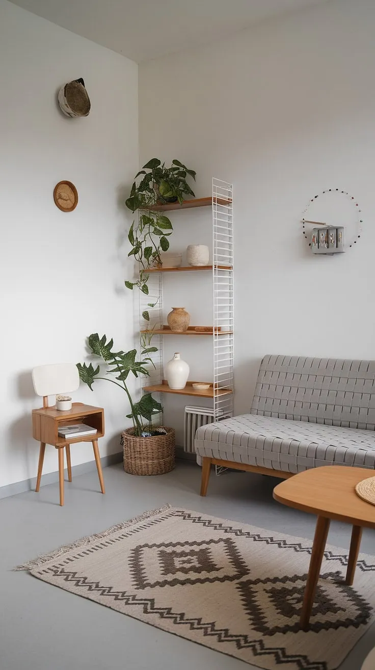 This Nordic haven is a testament to understated elegance. The carefully curated collection of decorative items, from the ceramic pot to the wooden box, adds personality without overwhelming the clean lines and neutral palette. The interplay of light and shadow, enhanced by the white walls and natural wood accents, creates a space that is both stylish and supremely relaxing.