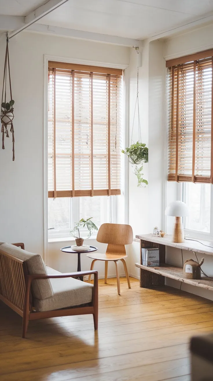 Sunlight streams through the wooden blinds, illuminating the cozy Scandinavian living room. A comfortable reading nook, complete with a rustic wooden shelf and chair, invites quiet contemplation, while the beige sofa and round table offer a space for relaxed conversation. The simple elegance of the design, accented by natural materials and a few carefully chosen decorative items, creates a peaceful and inviting atmosphere.