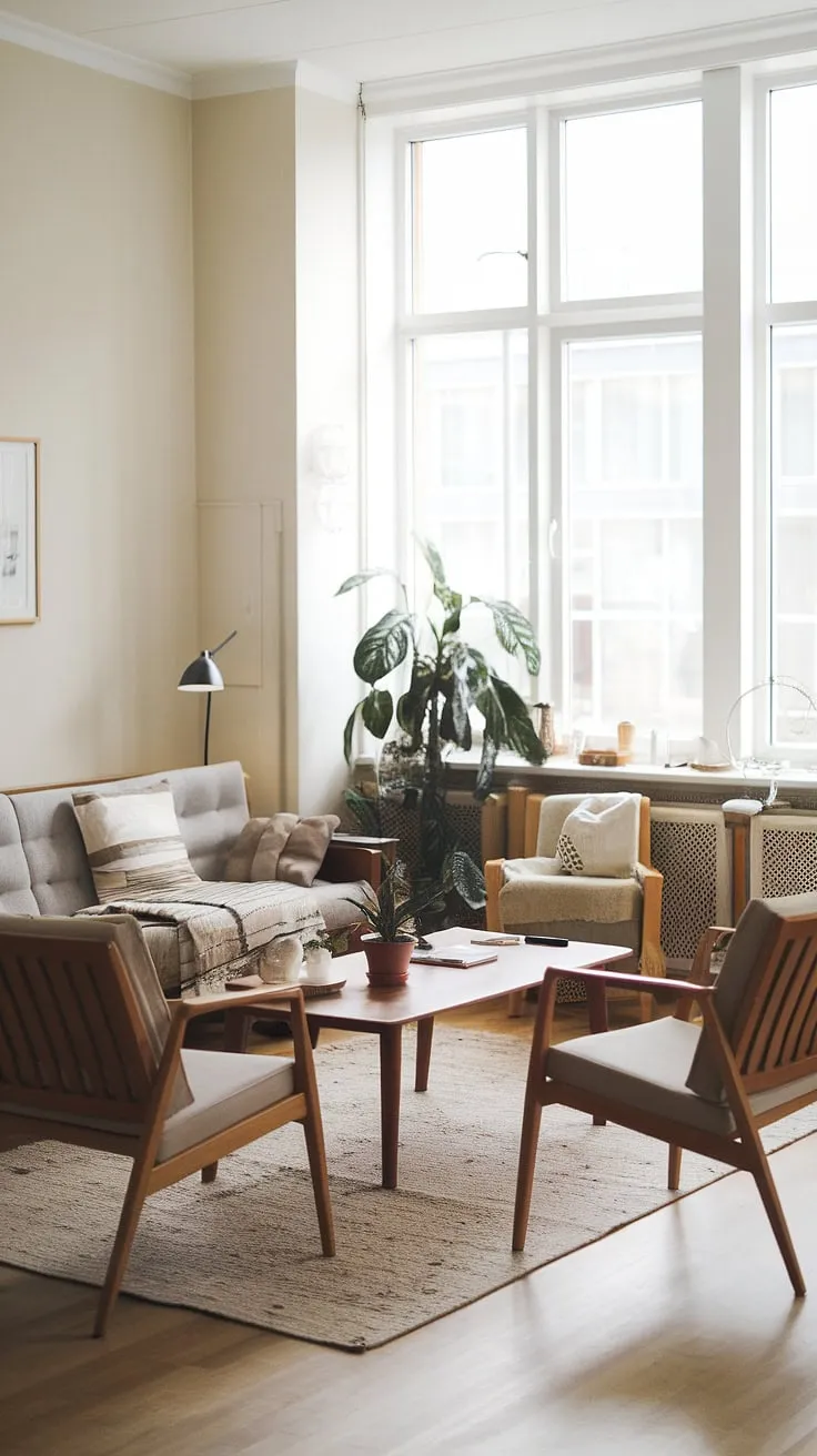 Sunlight streams through the large windows, illuminating the cozy Scandinavian living room. A comfortable reading corner beckons, promising quiet moments with a good book, while the rest of the space invites conversation and relaxation. The simple elegance of the design, with its natural wood and soft textures, creates a peaceful atmosphere. A perfect blend of functionality and understated style.