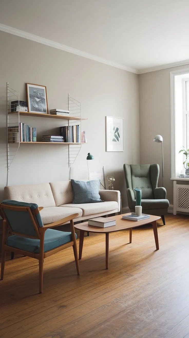 Sunlight streams into this serene Scandinavian living room, highlighting the warm oak floors and the cozy textures of the beige sofa and blue accent chairs. A quiet reading corner beckons with a comfortable armchair and floor lamp, creating a space of calm and understated elegance. The minimalist aesthetic, punctuated by carefully chosen details, speaks to a life well-lived.