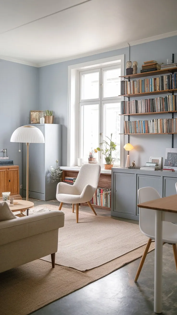 Escape to this tranquil Scandinavian haven. The soft light, comfortable seating, and curated bookshelves create the ideal space for quiet contemplation and relaxation. A sanctuary of calm awaits.