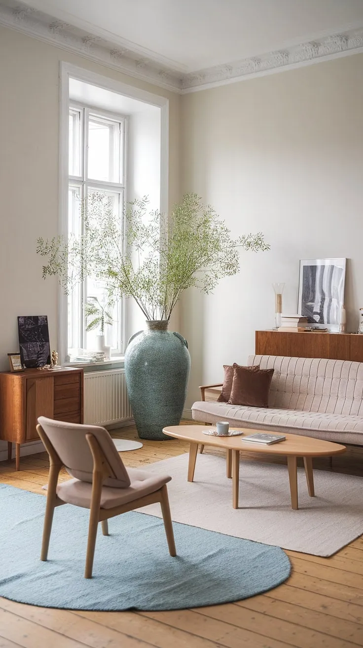 Find your happy place in this serene Scandinavian living room. The soft textures, natural light, and thoughtful details, including the charming reading corner, combine to create an atmosphere of tranquility. A sense of calm permeates every corner of this beautifully designed space.