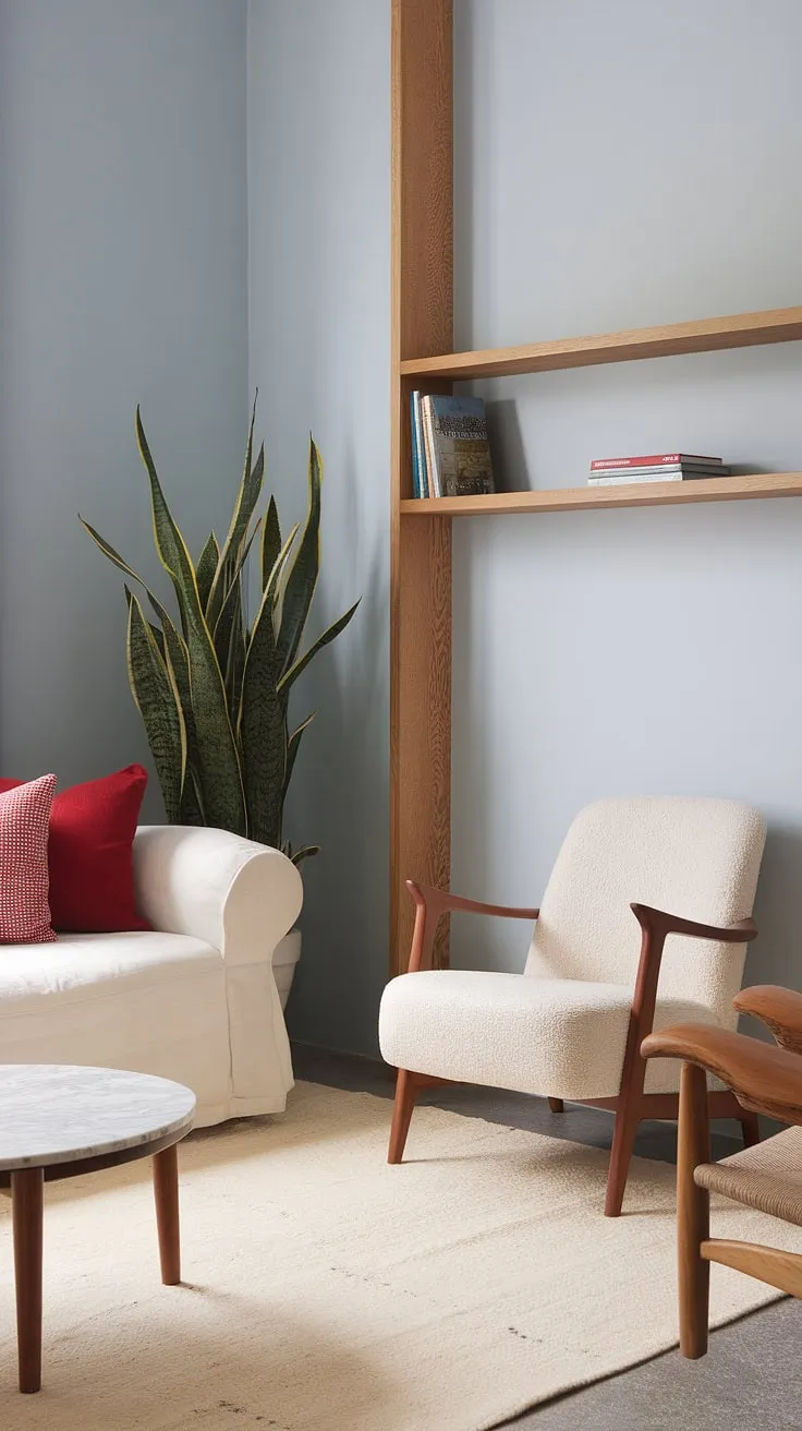 Escape to this tranquil Scandinavian haven. The light blue walls and natural textures create a sense of calm and understated elegance. The reading corner, complete with a comfortable chair and a nearby table perfect for a cup of tea, invites quiet contemplation and peaceful moments.