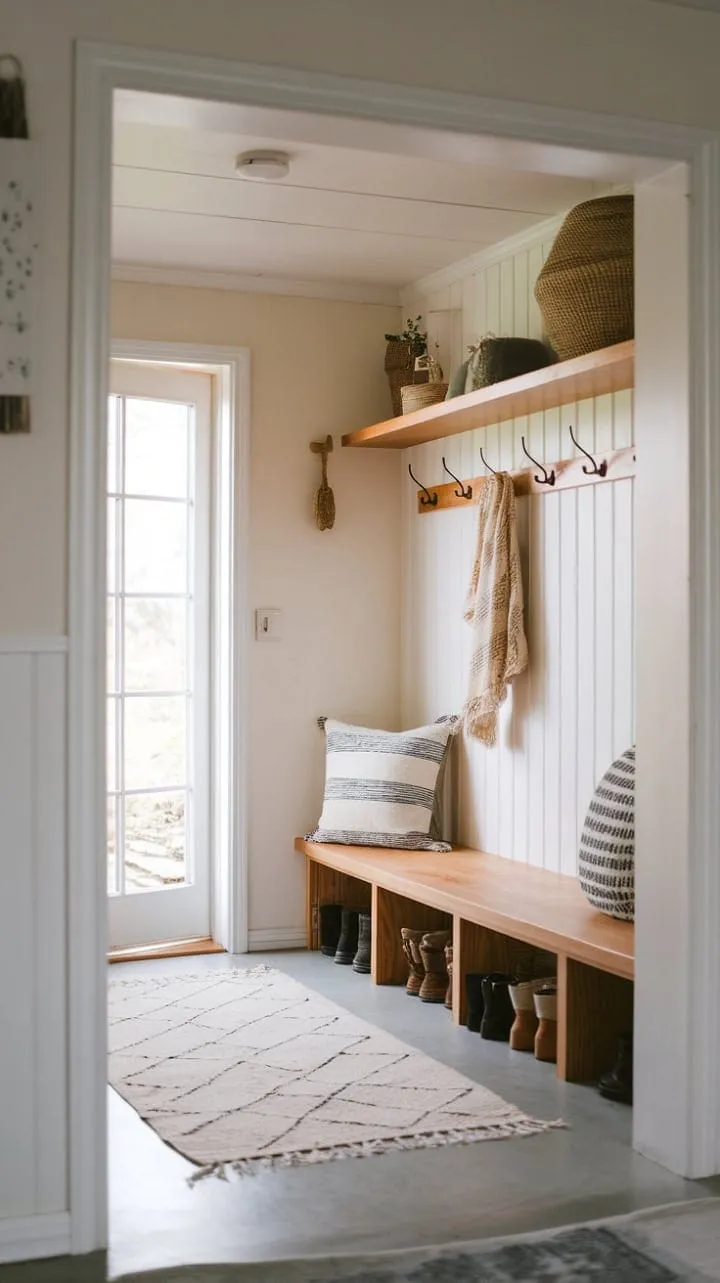 This serene Scandinavian mudroom, infused with Japandi minimalism, offers a tranquil entryway where clean lines and natural wood harmonize functionality with understated elegance.