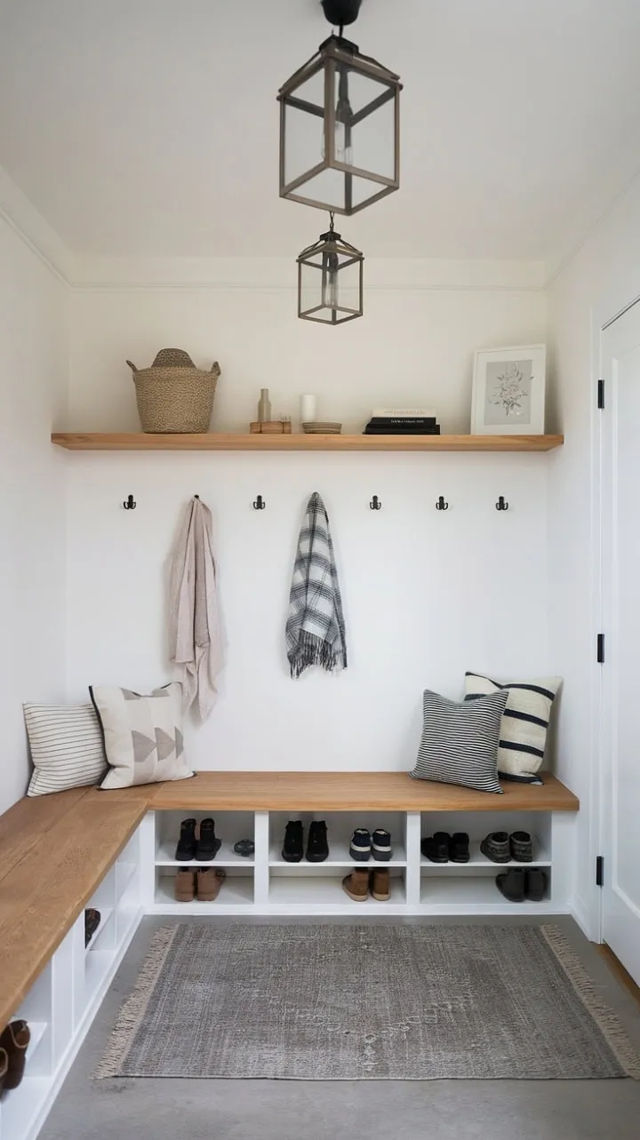 In this serene Scandinavian mudroom, Japandi minimalism shines through a harmonious blend of light, simplicity, and carefully curated decor, embodying both functionality and elegance.