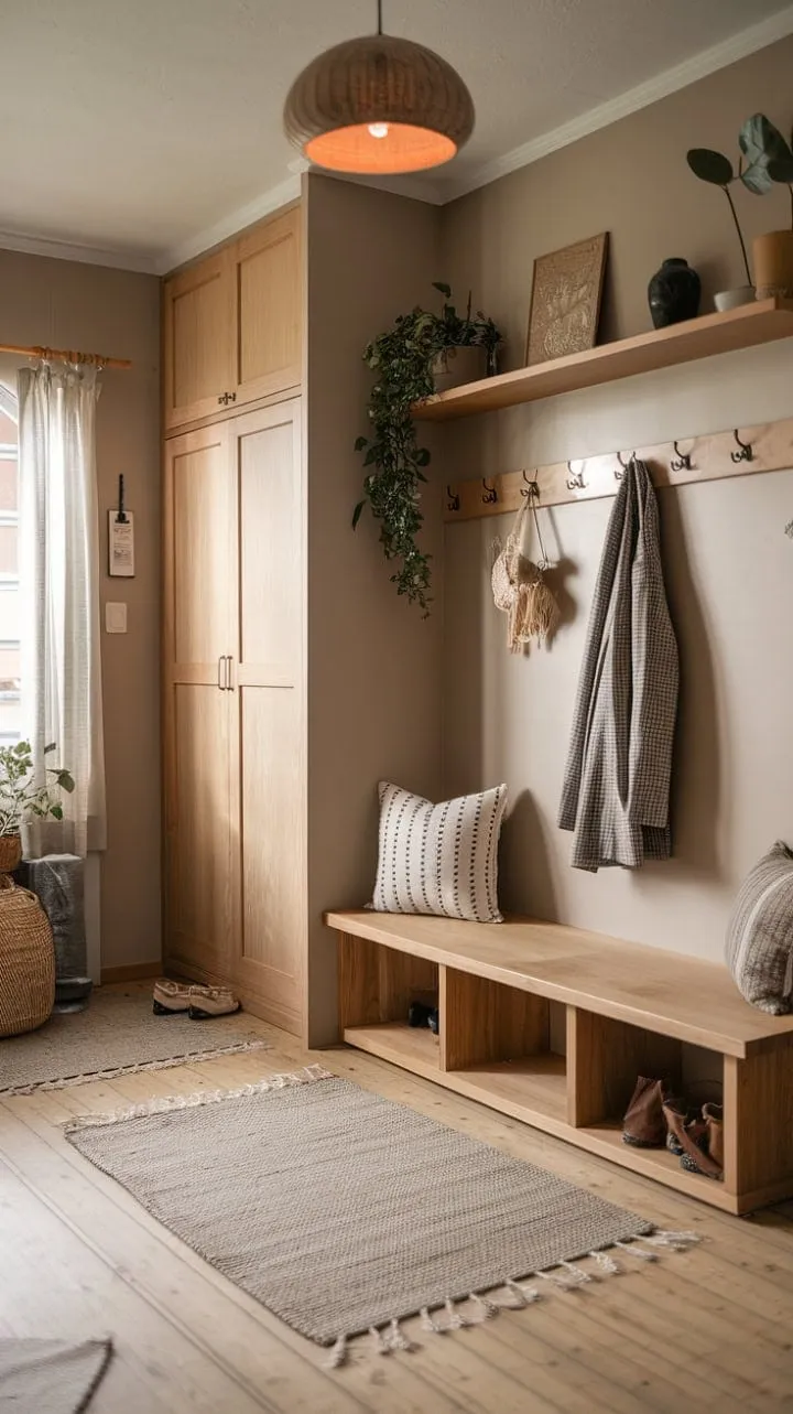 In a serene Scandinavian-Japanese mudroom, warm light and minimalist design harmoniously blend to create a calming sanctuary of practical elegance.