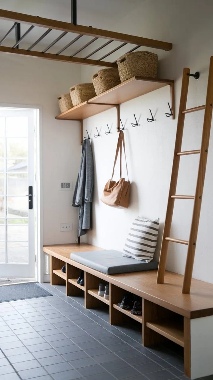 This mudroom harmoniously fuses Scandinavian simplicity with Japanese minimalism, creating a serene and functional entryway through thoughtful wood accents and integrated storage.