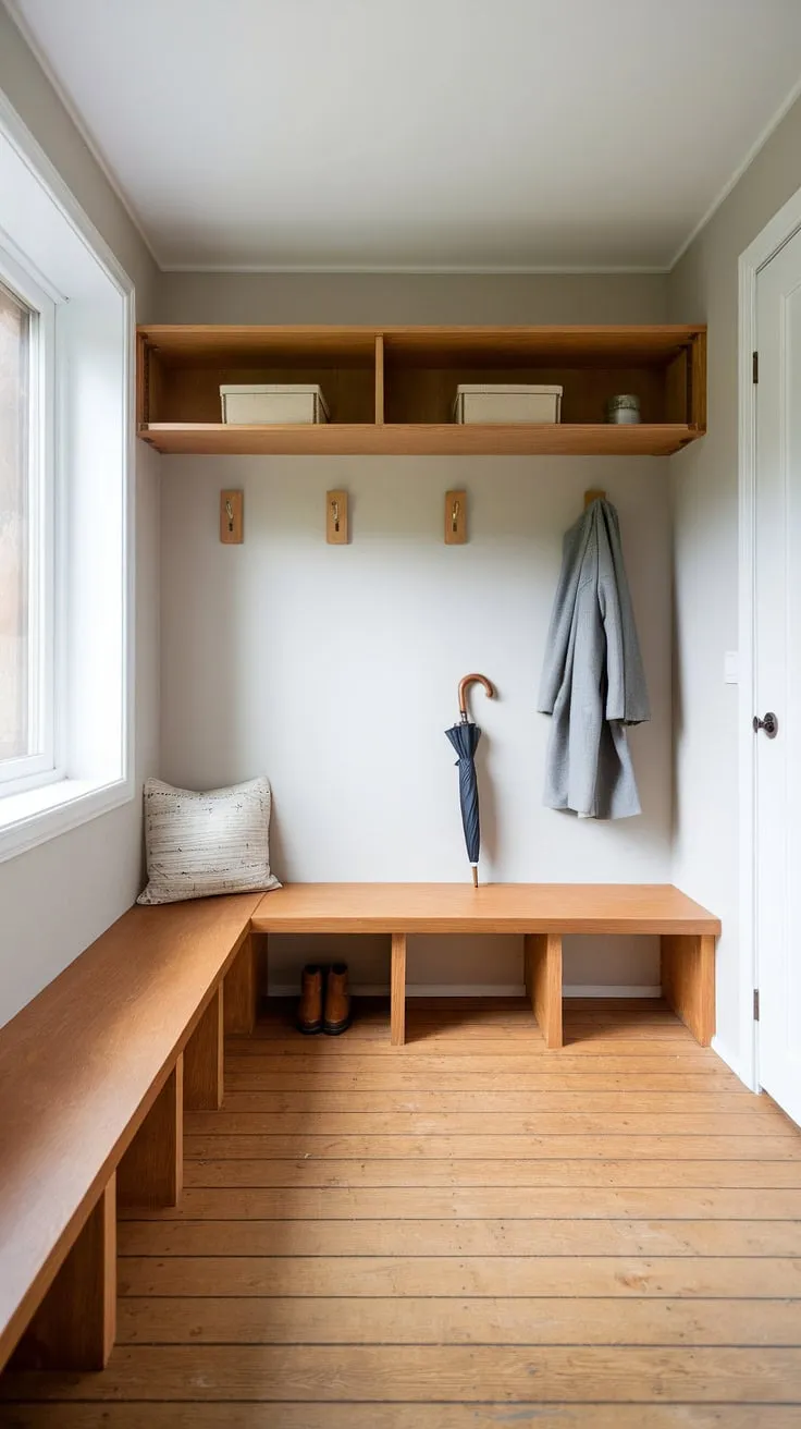 Natural light streams into this tranquil Scandinavian-Japandi mudroom, highlighting the clean lines and understated elegance of the wooden furniture. The muted grey walls provide a calming backdrop, while the practical storage solutions keep coats, umbrellas, and other essentials neatly organized. A perfect blend of form and function.
