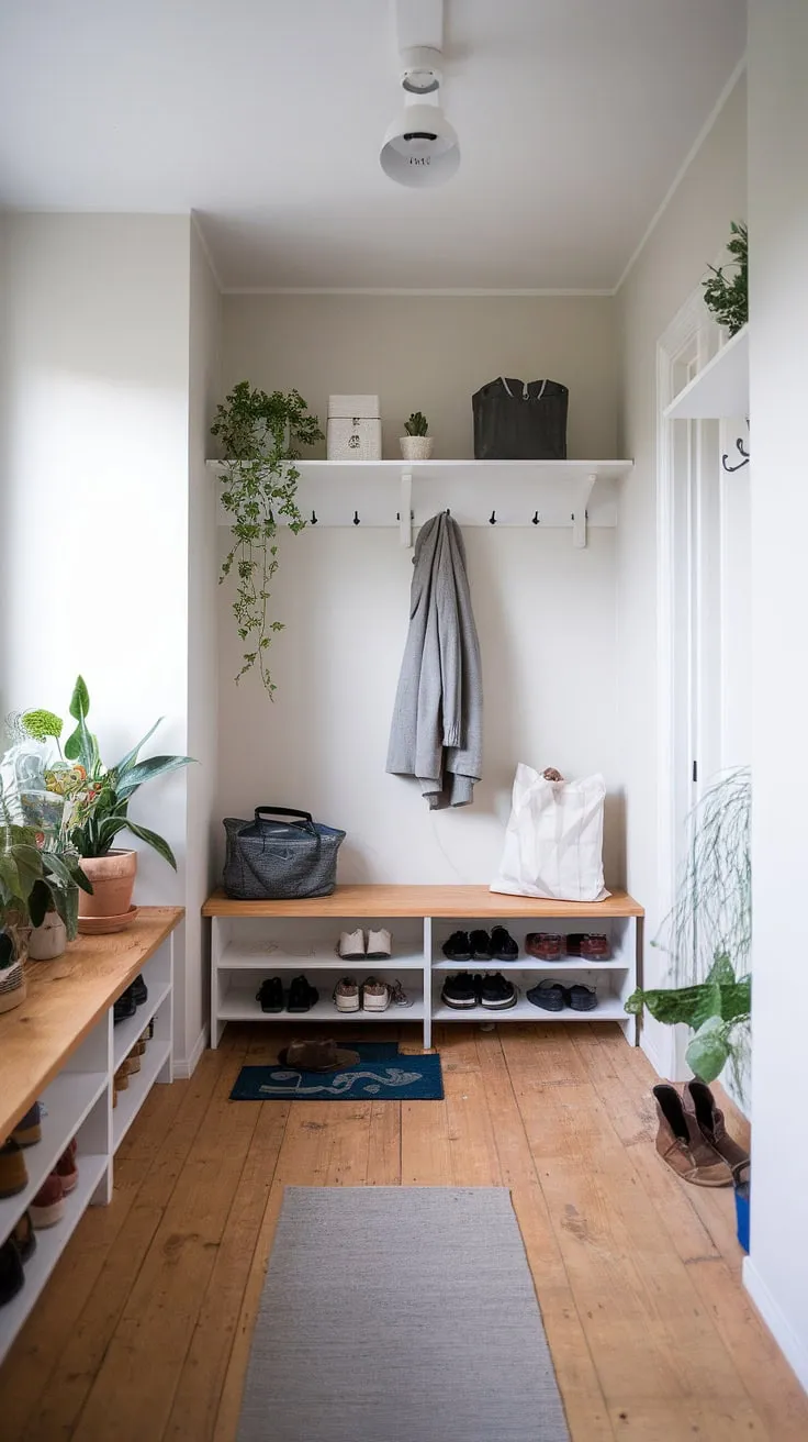 This minimalist mudroom effortlessly combines Scandinavian simplicity with Japanese serenity. The clean lines, light-filled space, and natural wood flooring create a welcoming atmosphere. Practical storage solutions, including a coat rack and shoe rack, ensure a clutter-free entryway, while the addition of greenery brings a touch of nature indoors.