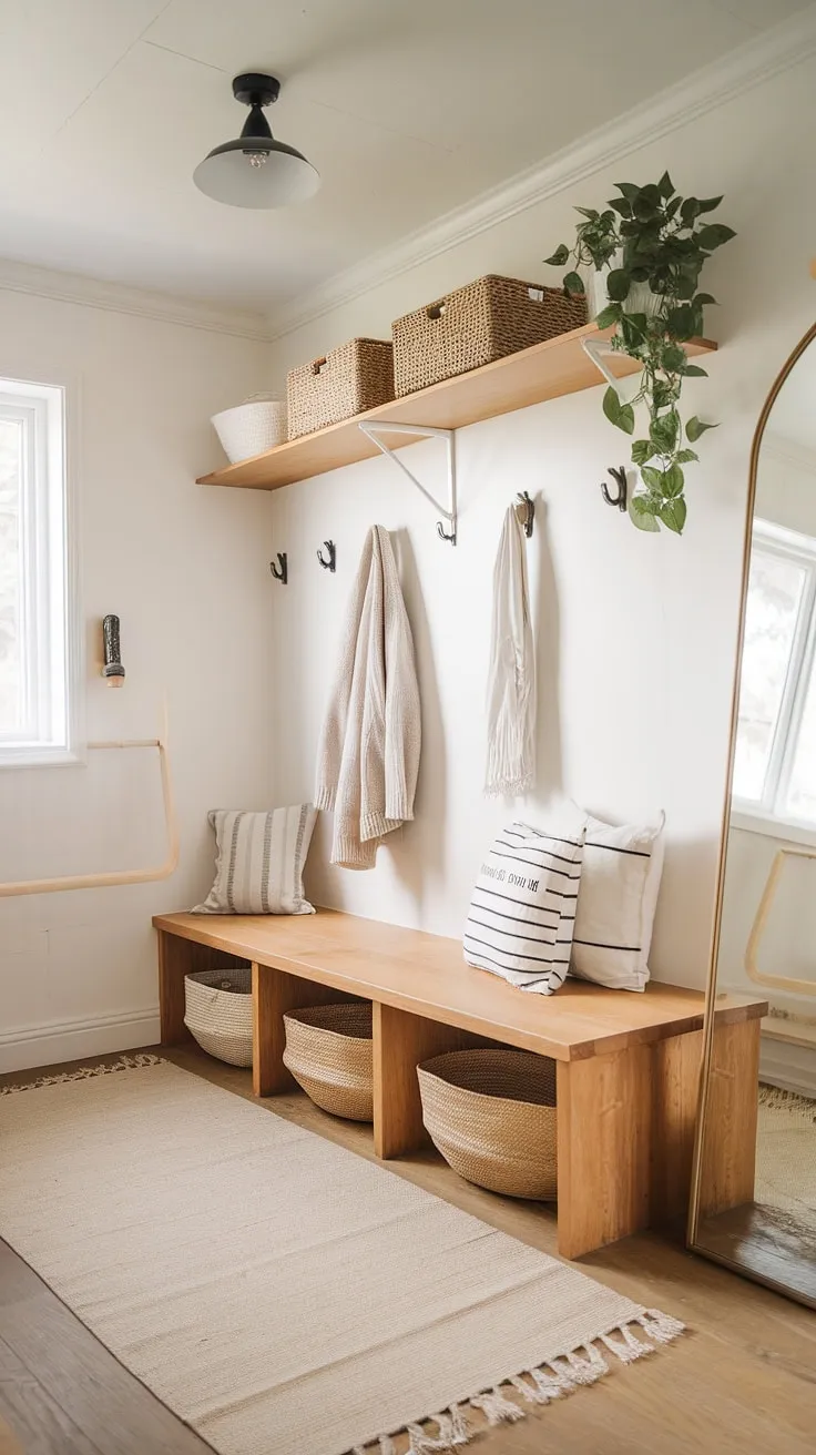 Serene Scandinavian simplicity meets the warmth of Japandi design in this tranquil mudroom. Natural light dances across the pale wood floors and minimalist shelving, creating a calm and inviting space where functionality and beauty coexist. A perfect blend of textures and understated elegance.