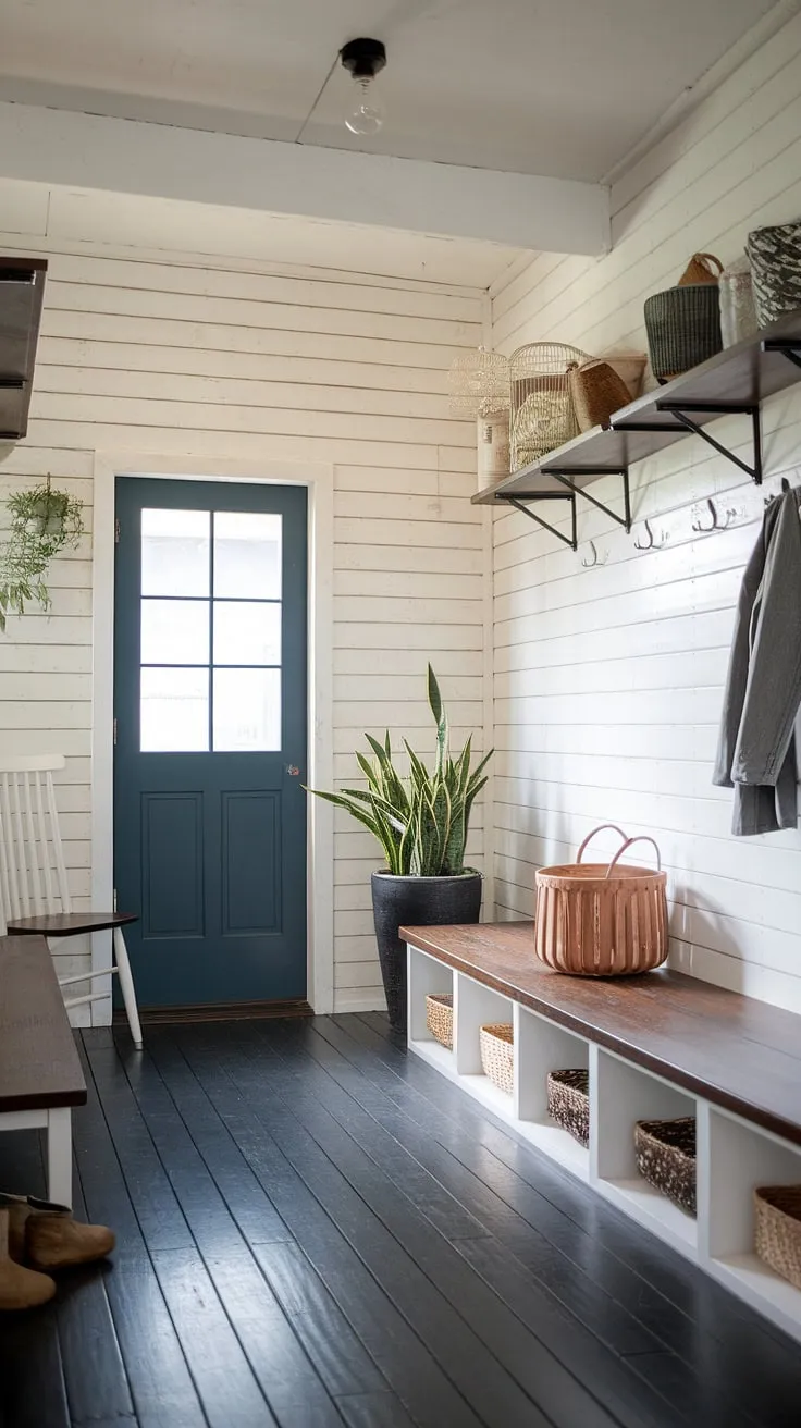 A serene Scandinavian mudroom, seamlessly blending Japandi minimalism. The whitewashed walls and dark wood floors create a calming atmosphere, perfectly complemented by the simple storage and pops of greenery. A space where functionality meets understated elegance.