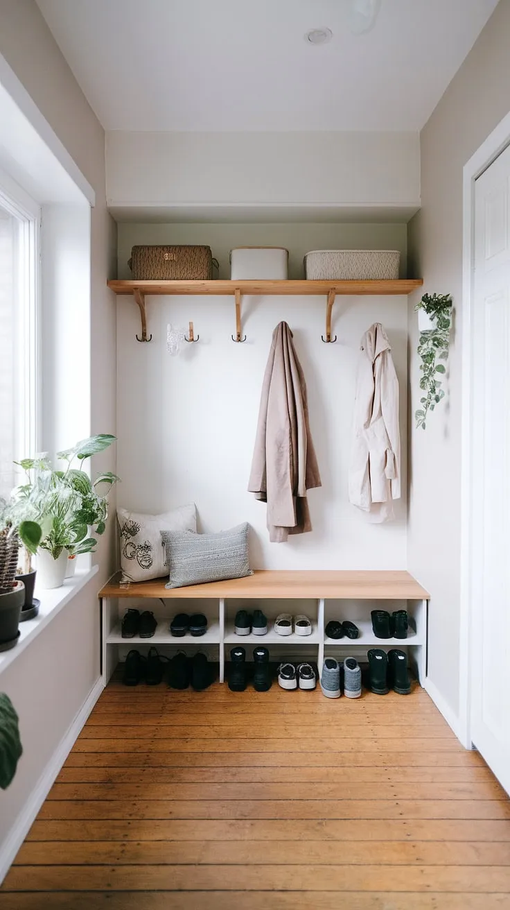 Step into tranquility: This Scandinavian mudroom, infused with Japandi design, seamlessly blends minimalist functionality with serene aesthetics. The light wood floors, simple coat rack, and thoughtfully placed plants create a welcoming entryway that's both practical and beautiful. A perfect blend of form and function.
