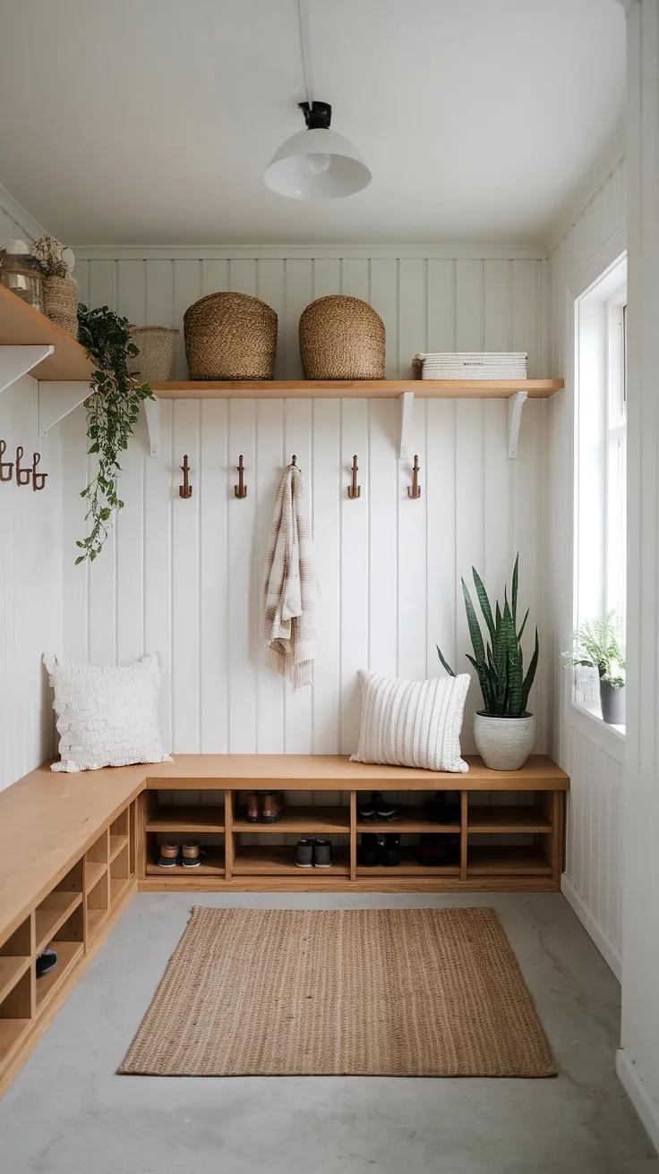 Tranquil functionality meets Scandinavian minimalism in this Japandi-inspired mudroom. The soft lighting and natural wood accents create a serene space for shedding the day's worries, while ample storage keeps everything organized and within easy reach. A perfect blend of form and function.