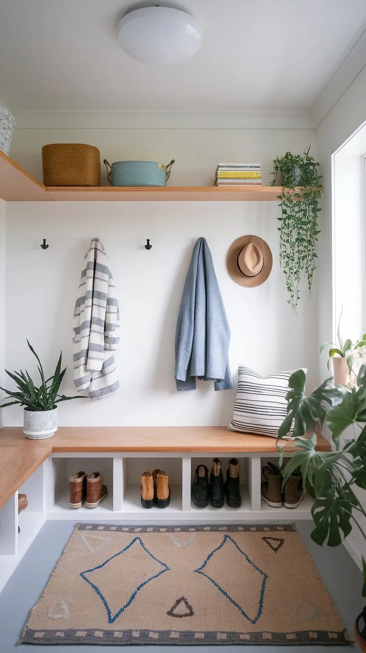 This minimalist mudroom seamlessly blends Scandinavian and Japandi aesthetics. The light-filled space, featuring a simple wooden bench, practical storage, and pops of greenery, offers a welcoming and organized entry to the home. A tranquil haven for shedding the day's worries.