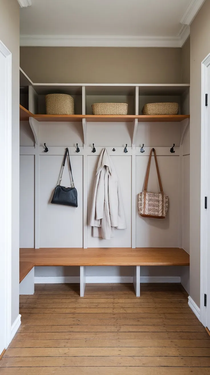 Serene simplicity meets practical functionality in this Scandinavian mudroom, showcasing a minimalist Japandi design. The warm wood tones and clean lines create a welcoming entryway, perfect for shedding the day's worries and embracing a sense of calm. A thoughtful blend of Japanese and Scandinavian aesthetics results in a space that is both beautiful and incredibly efficient.