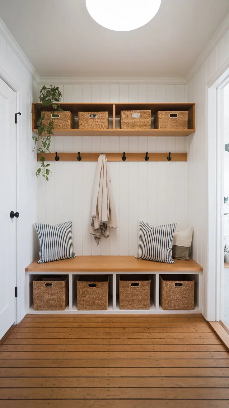 A minimalist mudroom, designed with Japandi principles in mind, welcomes you home. Clean lines, natural wood tones, and functional storage solutions combine to create a space that is both beautiful and practical. The addition of a small plant brings a touch of life to this bright and airy entryway.