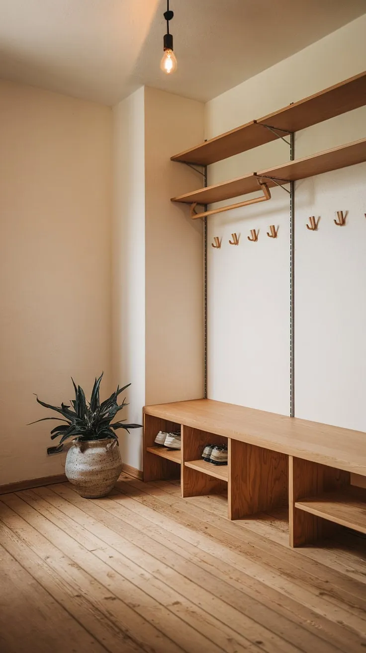 Serene simplicity meets functional design in this Scandinavian and Japanese-inspired mudroom. The warm lighting, natural wood tones, and thoughtful storage solutions create a welcoming and organized entryway. A perfect blend of minimalist aesthetics and practical functionality.