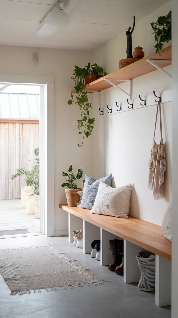 Step into tranquility: This minimalist mudroom seamlessly blends Scandinavian and Japanese design aesthetics. The warm wood, soft textures, and carefully curated details-from the potted plants to the functional shelving-transform a utilitarian space into a calming haven. A perfect blend of form and function.