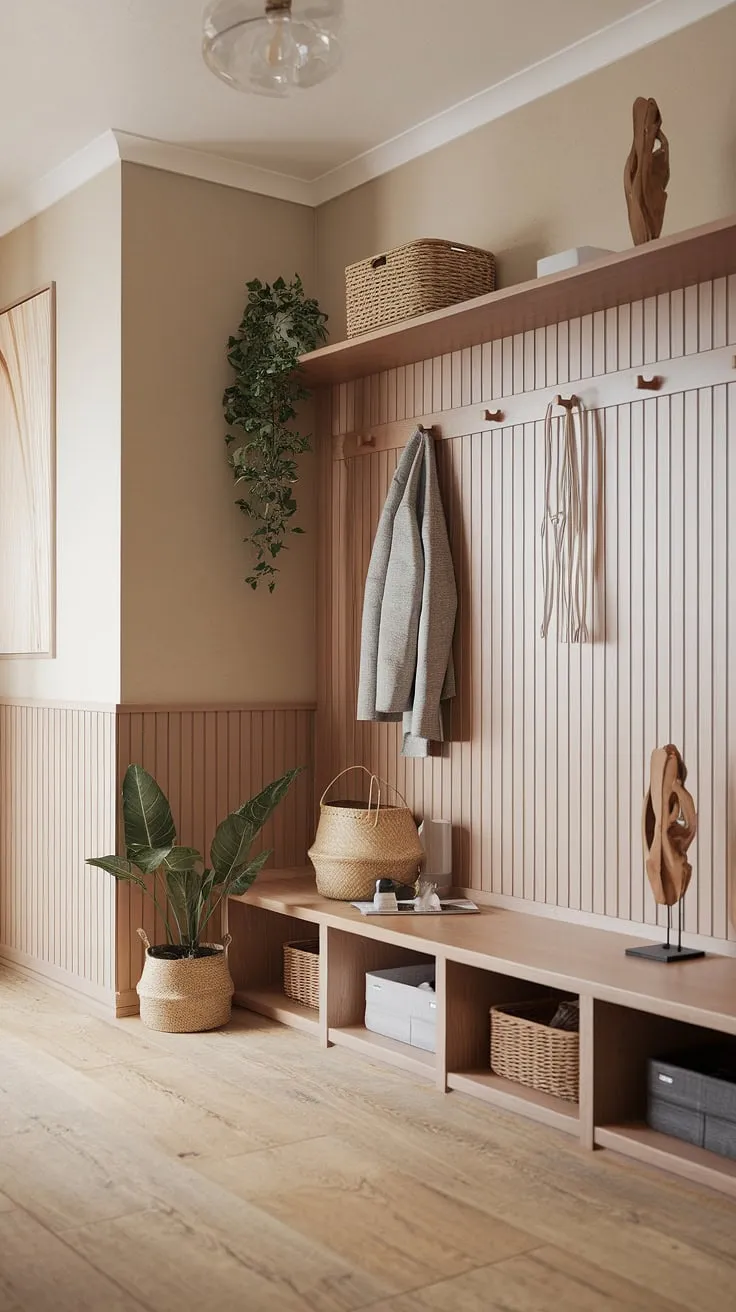 Tranquil functionality meets Scandinavian and Japanese design in this minimalist mudroom. The warm wood tones, soft lighting, and thoughtful placement of personal items create a welcoming and serene space where practicality and beauty coexist. A perfect blend of form and function.