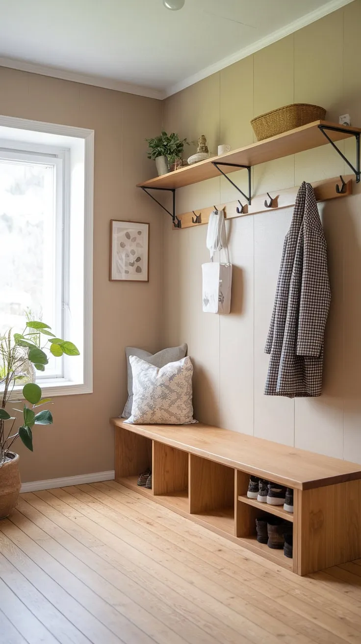 Neutral tones and clean lines define this Scandinavian-Japanese inspired mudroom. Practical storage solutions, like the built-in bench and wall shelf, keep clutter at bay, while the natural wood elements bring warmth and texture to the space. A perfect blend of form and function.