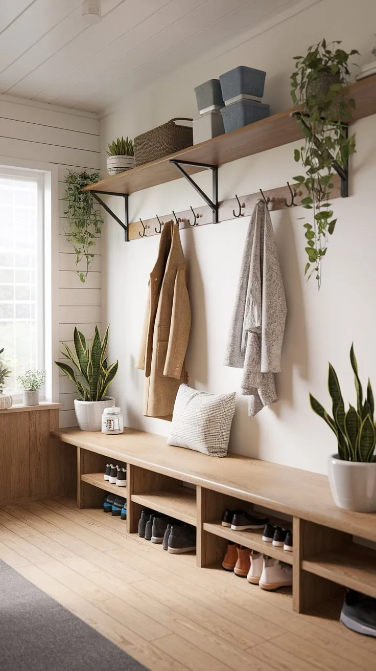 A serene sanctuary of order: this mudroom seamlessly blends Scandinavian minimalism with Japanese wabi-sabi principles. Natural light and warm wood tones create a calming atmosphere. A space where functionality meets artistry, showcasing the beauty of simple, well-considered design. A haven of peace after a long day.
