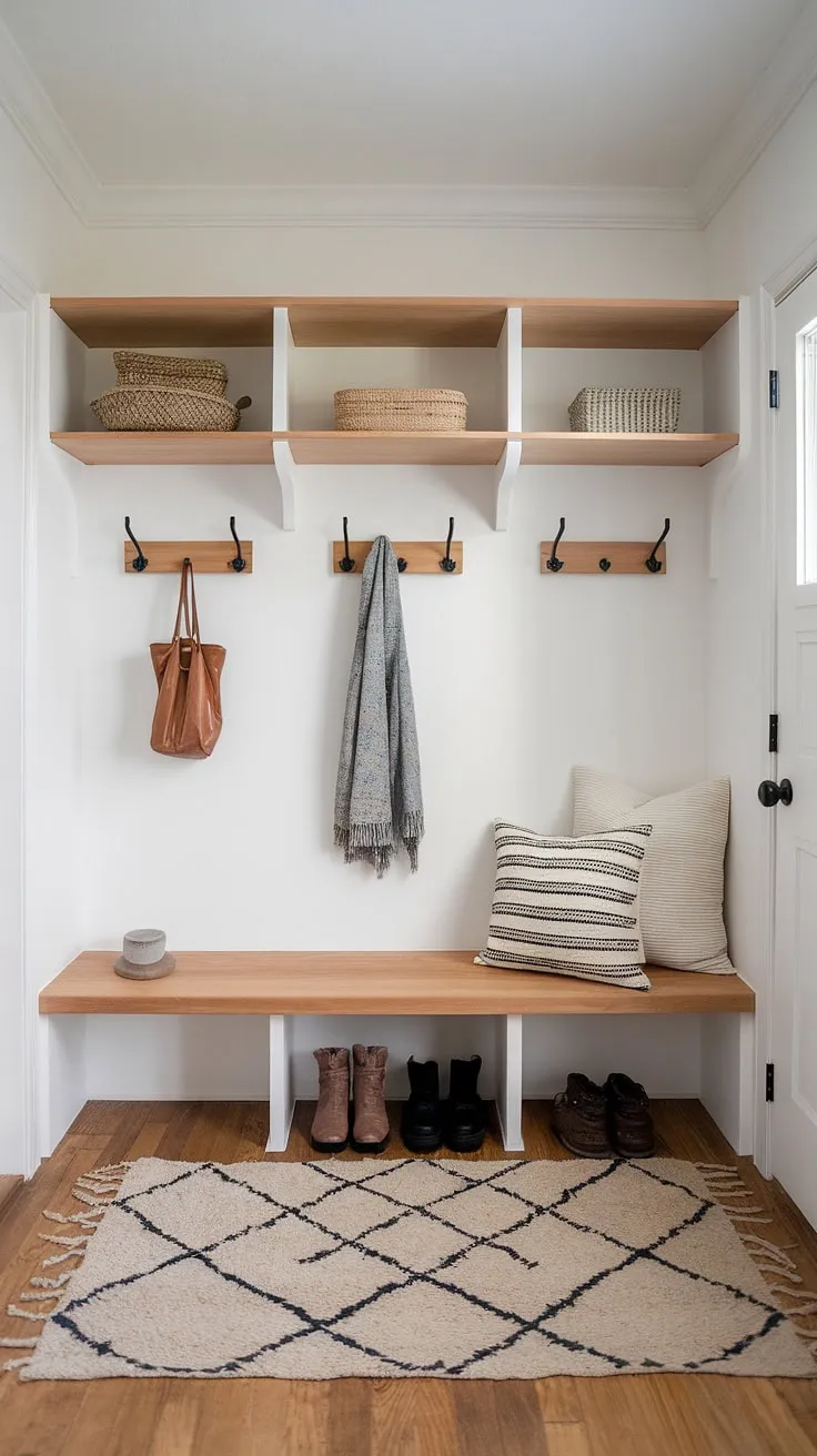 Step into tranquility. This minimalist mudroom seamlessly blends Scandinavian simplicity with Japandi aesthetics. A perfectly organized space, showcasing the beauty of natural wood and functional design, makes everyday life feel a little more special.