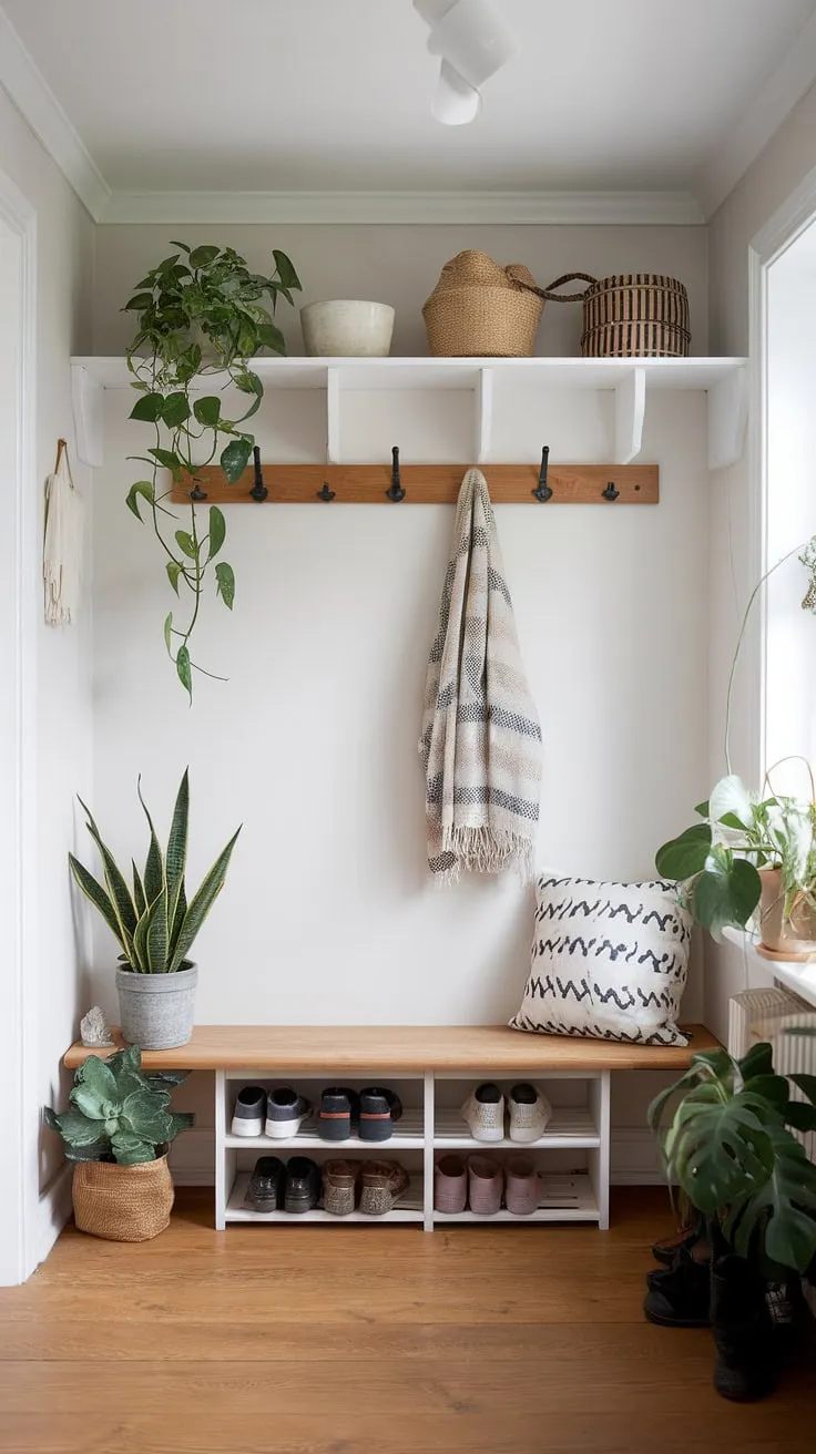 This minimalist mudroom effortlessly marries Scandinavian simplicity with Japandi aesthetics. The clean white walls, wooden flooring, and carefully chosen elements-a bench, coat hook, and shoe rack-offer both practicality and understated elegance. A peaceful sanctuary at the heart of the home.