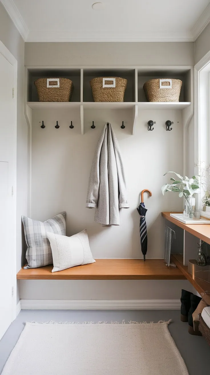 Serene functionality meets minimalist style in this Scandinavian mudroom, where Japandi design principles create a calming entryway. The light gray walls, wooden bench, and thoughtfully placed coat rack offer a practical yet aesthetically pleasing space for shedding the day's worries. A perfect blend of form and function.