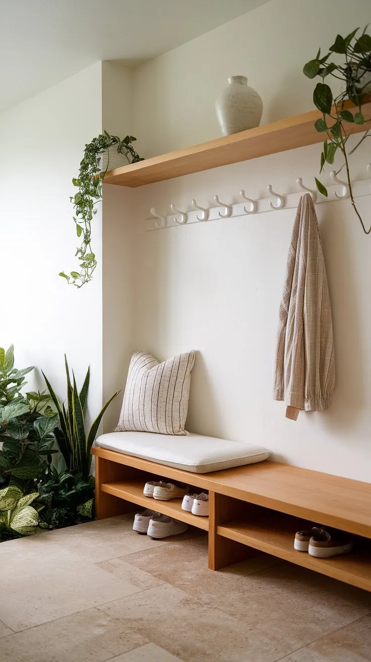 Tranquil functionality meets minimalist design in this Japanese-Scandinavian inspired mudroom. The calming beige tiles, clean lines, and natural wood create a serene space for shedding the day's worries and embracing a sense of calm. A perfect blend of practicality and aesthetic appeal.