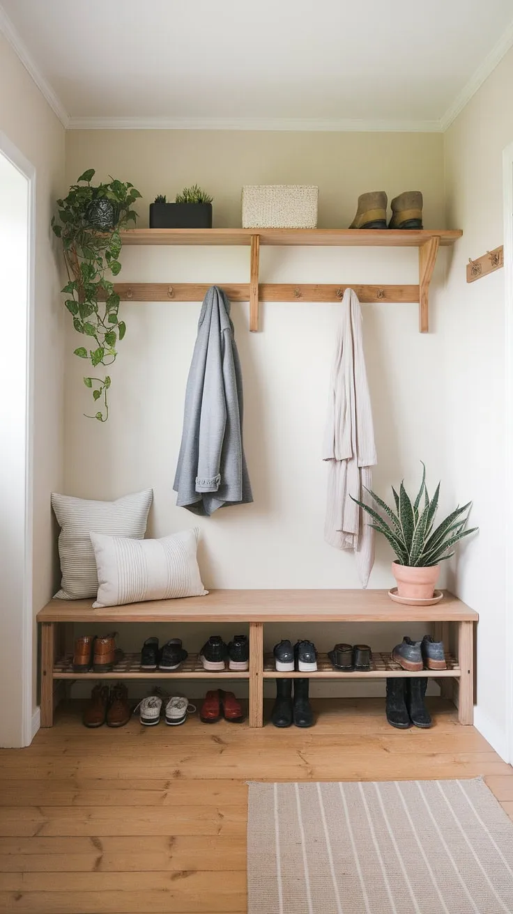 A serene sanctuary of calm amidst the daily rush. This Scandinavian and Japanese-inspired mudroom, with its minimalist design and natural wood tones, effortlessly blends functionality and beauty. The simple coat rack, wooden bench, and shoe storage create a space that's both practical and aesthetically pleasing, a perfect blend of form and function. A welcome respite after a long day.