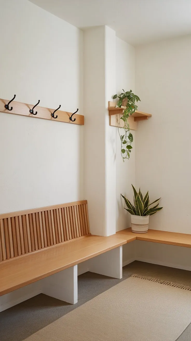 Tranquil functionality meets minimalist design in this Scandinavian and Japanese-inspired mudroom. The light wood bench, thoughtfully placed coat hooks, and floating shelf create a serene space for shedding the day's burdens, while the potted plant adds a touch of nature's calming presence. A perfect blend of form and function.