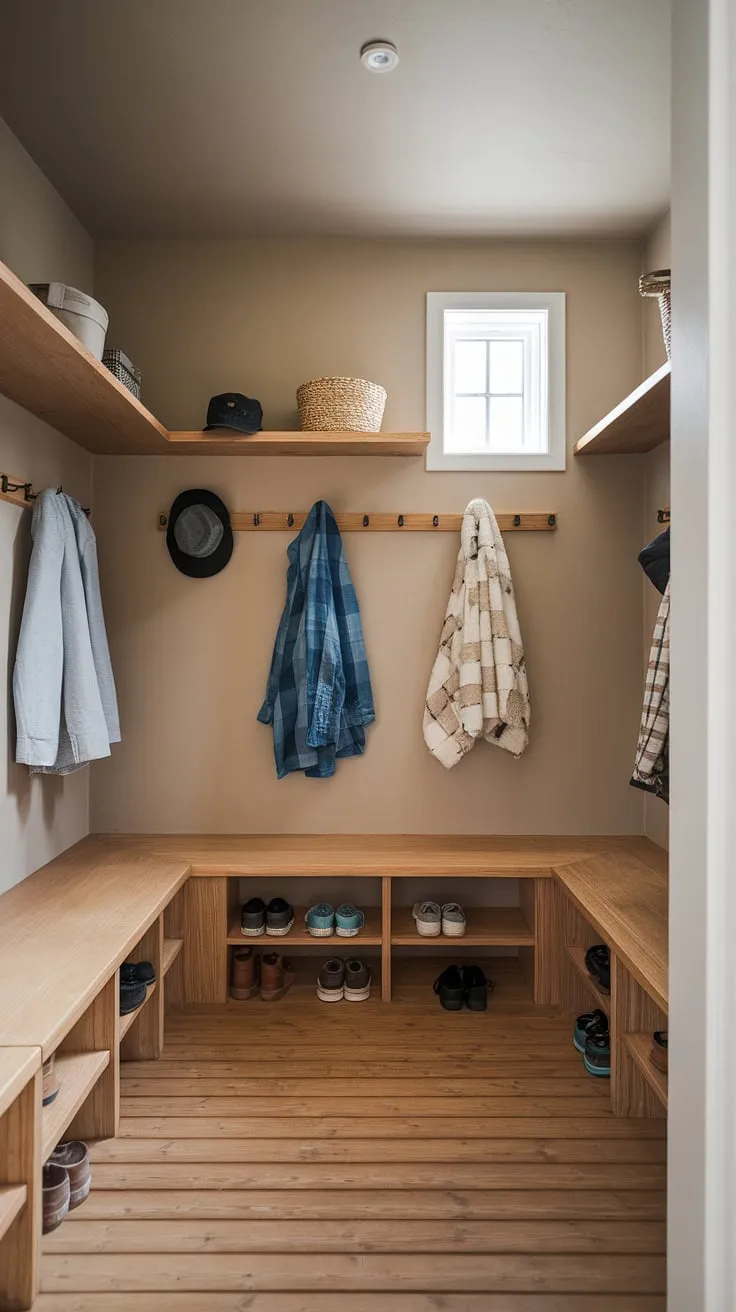 This minimalist mudroom effortlessly blends Scandinavian and Japanese aesthetics. The natural wood elements, simple shelving, and neutral palette create a welcoming and organized space, showcasing the beauty of functional design. A haven of calm amidst the daily rush.