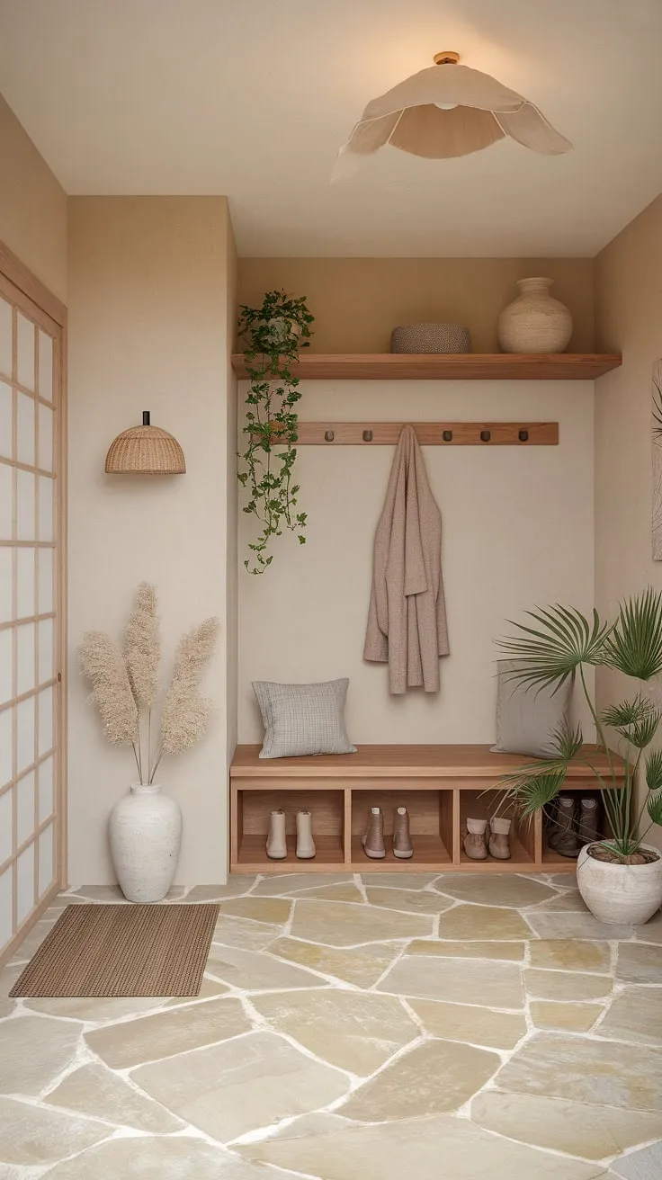 Tranquil sanctuary. This Scandinavian-Japanese inspired mudroom, with its warm lighting and calming beige tones, offers a peaceful transition between the outdoors and in. The thoughtful blend of textures, from the stone floor to the smooth wood bench, creates a space that is both functional and aesthetically pleasing. A perfect blend of minimalist design and natural elements.