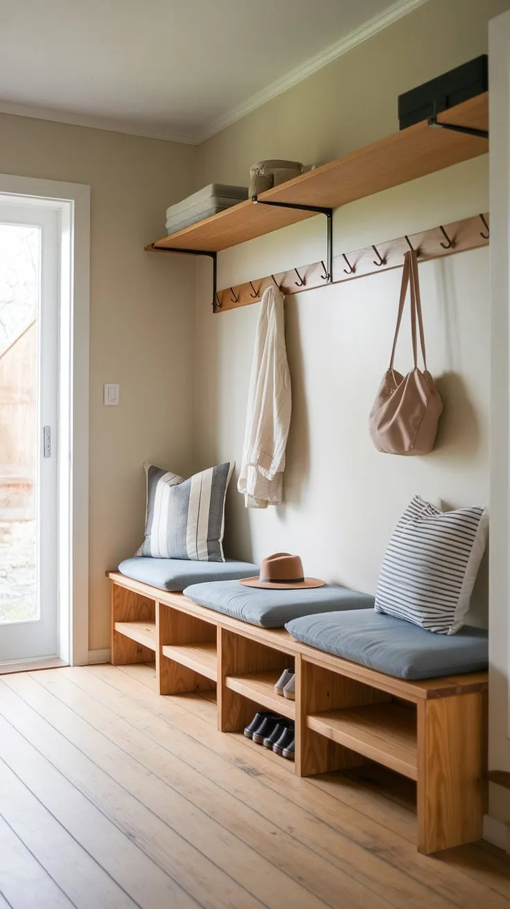 Calm and collected. This Scandinavian-Japandi mudroom, with its simple wooden bench, thoughtfully placed shelves, and a coat rack, offers a peaceful transition between the outdoors and in. A perfect blend of functionality and understated elegance, it's a space designed for mindful living. A hat, bag, and shoes rest quietly, ready for the next adventure.